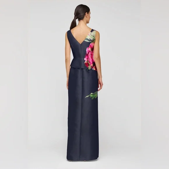 new Kay Unger Luciana column gown in midnight navy blue floral print - Picture 2 of 9